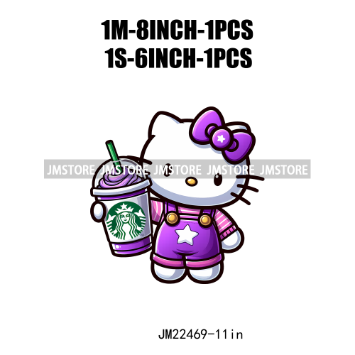 Colorful Coffee Drinking Cat Logos Iron On DTF Animal Transfers Stickers Ready To Press For T-shirts Bags