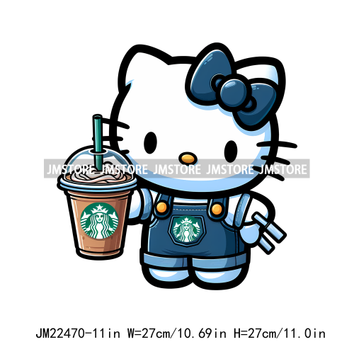 Colorful Coffee Drinking Cat Logos Iron On DTF Animal Transfers Stickers Ready To Press For T-shirts Bags