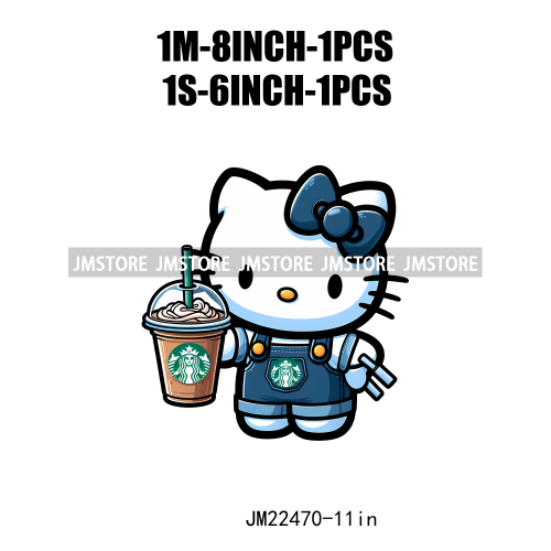 Colorful Coffee Drinking Cat Logos Iron On DTF Animal Transfers Stickers Ready To Press For T-shirts Bags