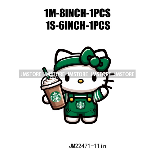 Colorful Coffee Drinking Cat Logos Iron On DTF Animal Transfers Stickers Ready To Press For T-shirts Bags