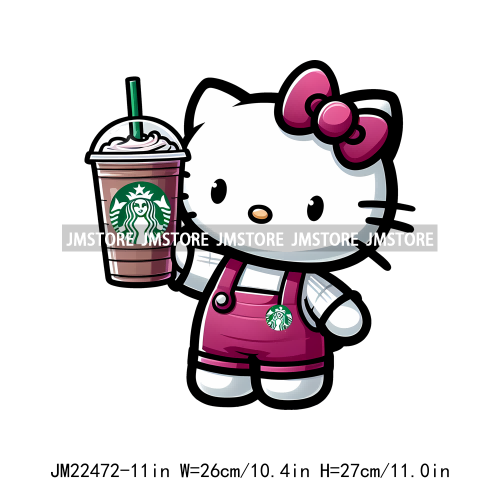 Colorful Coffee Drinking Cat Logos Iron On DTF Animal Transfers Stickers Ready To Press For T-shirts Bags