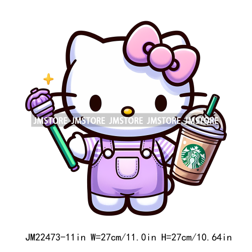 Colorful Coffee Drinking Cat Logos Iron On DTF Animal Transfers Stickers Ready To Press For T-shirts Bags