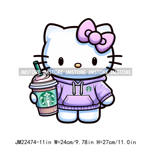 Colorful Coffee Drinking Cat Logos Iron On DTF Animal Transfers Stickers Ready To Press For T-shirts Bags