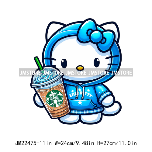 Colorful Coffee Drinking Cat Logos Iron On DTF Animal Transfers Stickers Ready To Press For T-shirts Bags