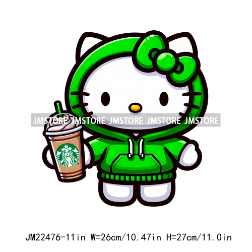 Colorful Coffee Drinking Cat Logos Iron On DTF Animal Transfers Stickers Ready To Press For T-shirts Bags