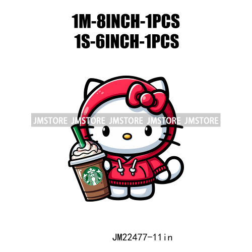 Colorful Coffee Drinking Cat Logos Iron On DTF Animal Transfers Stickers Ready To Press For T-shirts Bags