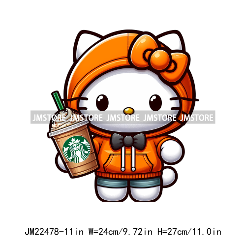 Colorful Coffee Drinking Cat Logos Iron On DTF Animal Transfers Stickers Ready To Press For T-shirts Bags