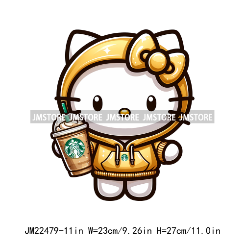 Colorful Coffee Drinking Cat Logos Iron On DTF Animal Transfers Stickers Ready To Press For T-shirts Bags