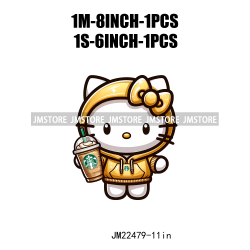 Colorful Coffee Drinking Cat Logos Iron On DTF Animal Transfers Stickers Ready To Press For T-shirts Bags