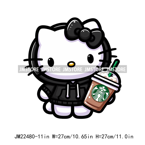 Colorful Coffee Drinking Cat Logos Iron On DTF Animal Transfers Stickers Ready To Press For T-shirts Bags