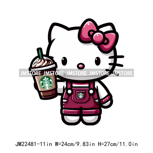 Colorful Coffee Drinking Cat Logos Iron On DTF Animal Transfers Stickers Ready To Press For T-shirts Bags