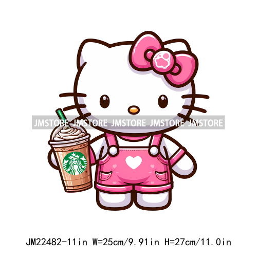 Colorful Coffee Drinking Cat Logos Iron On DTF Animal Transfers Stickers Ready To Press For T-shirts Bags