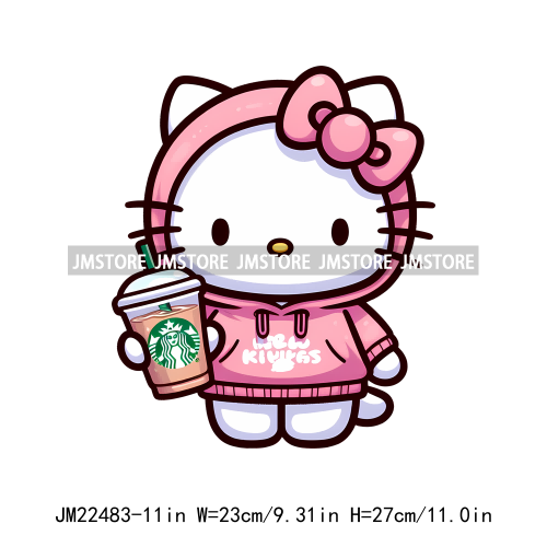 Colorful Coffee Drinking Cat Logos Iron On DTF Animal Transfers Stickers Ready To Press For T-shirts Bags