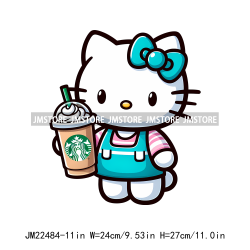 Colorful Coffee Drinking Cat Logos Iron On DTF Animal Transfers Stickers Ready To Press For T-shirts Bags