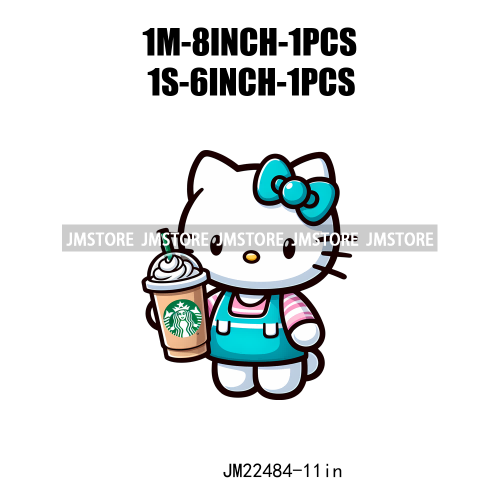 Colorful Coffee Drinking Cat Logos Iron On DTF Animal Transfers Stickers Ready To Press For T-shirts Bags