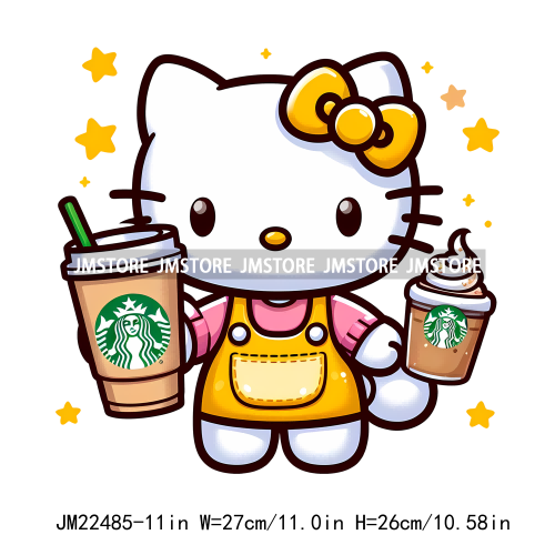 Colorful Coffee Drinking Cat Logos Iron On DTF Animal Transfers Stickers Ready To Press For T-shirts Bags