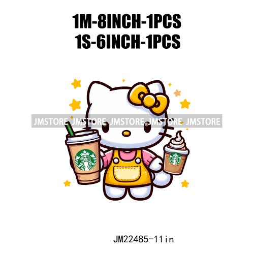 Colorful Coffee Drinking Cat Logos Iron On DTF Animal Transfers Stickers Ready To Press For T-shirts Bags