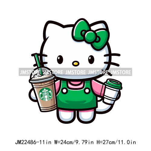 Colorful Coffee Drinking Cat Logos Iron On DTF Animal Transfers Stickers Ready To Press For T-shirts Bags