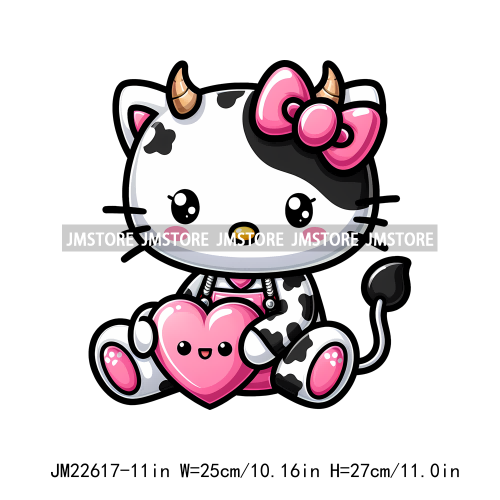 Pink Dairy Cow Cat Heart Decals Hello Valentine Iron On DTF Transfers Stickers Ready To Press For Hoodies Pillow