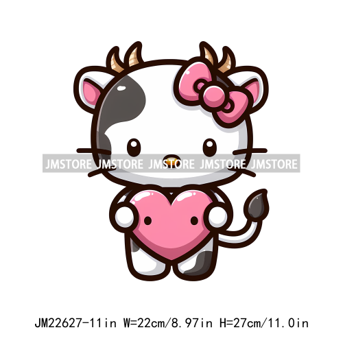 Pink Dairy Cow Cat Heart Decals Hello Valentine Iron On DTF Transfers Stickers Ready To Press For Hoodies Pillow