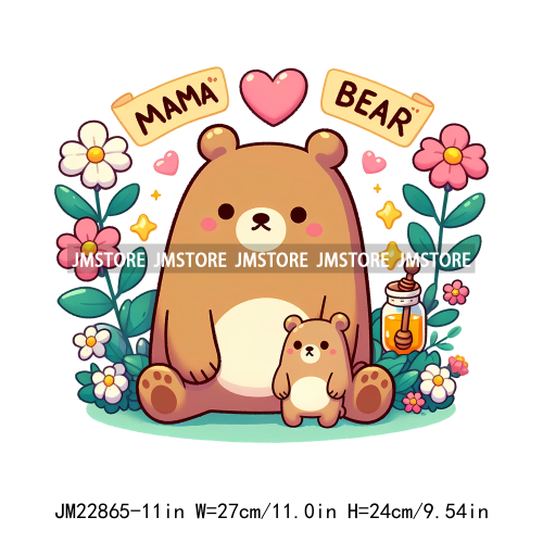 Colorful Floral Cute Mama Baby Bear Sweet Love Iron On DTF Transfer Stickers Ready To Press For Streetwear T-shirt