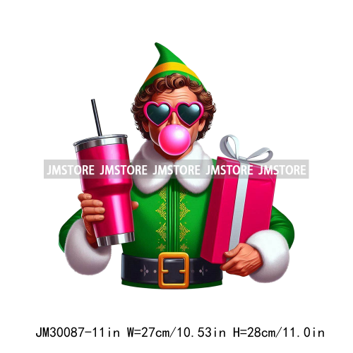 Pink Pop Christmas Character With Sunglasses Blowing Bubble Coffee Gift Iron On DTF Transfer Stickers Ready To Press For Hoodies