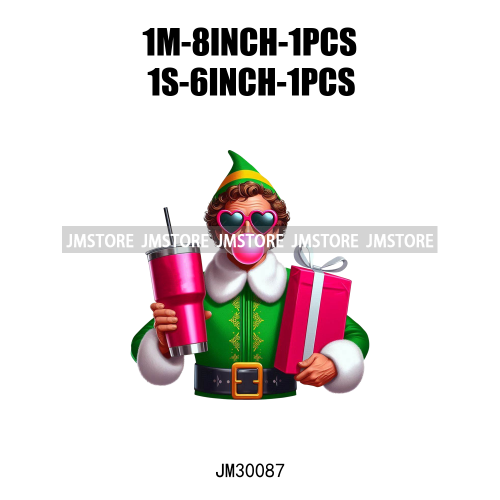 Pink Pop Christmas Character With Sunglasses Blowing Bubble Coffee Gift Iron On DTF Transfer Stickers Ready To Press For Hoodies