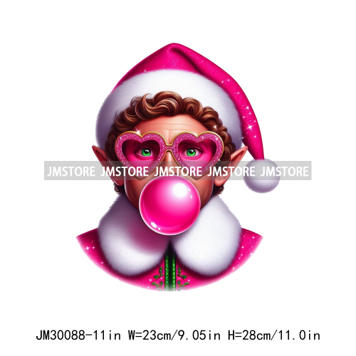 Pink Pop Christmas Character With Sunglasses Blowing Bubble Coffee Gift Iron On DTF Transfer Stickers Ready To Press For Hoodies