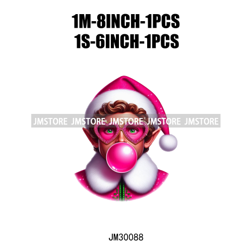 Pink Pop Christmas Character With Sunglasses Blowing Bubble Coffee Gift Iron On DTF Transfer Stickers Ready To Press For Hoodies