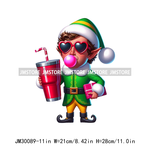 Pink Pop Christmas Character With Sunglasses Blowing Bubble Coffee Gift Iron On DTF Transfer Stickers Ready To Press For Hoodies