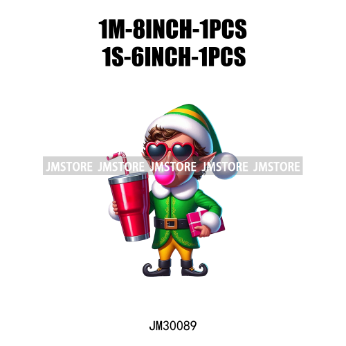 Pink Pop Christmas Character With Sunglasses Blowing Bubble Coffee Gift Iron On DTF Transfer Stickers Ready To Press For Hoodies