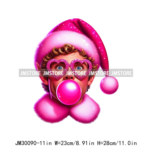 Pink Pop Christmas Character With Sunglasses Blowing Bubble Coffee Gift Iron On DTF Transfer Stickers Ready To Press For Hoodies