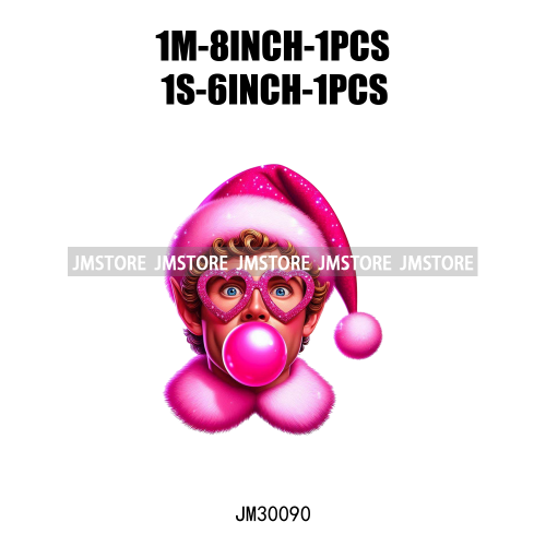 Pink Pop Christmas Character With Sunglasses Blowing Bubble Coffee Gift Iron On DTF Transfer Stickers Ready To Press For Hoodies