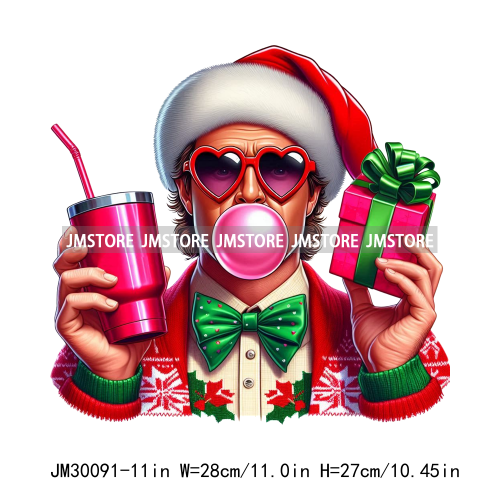 Pink Pop Christmas Character With Sunglasses Blowing Bubble Coffee Gift Iron On DTF Transfer Stickers Ready To Press For Hoodies