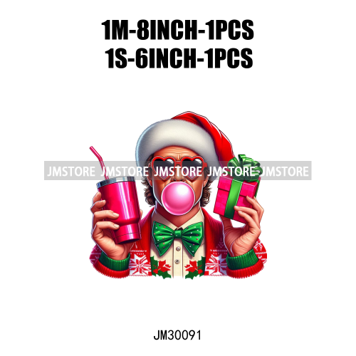 Pink Pop Christmas Character With Sunglasses Blowing Bubble Coffee Gift Iron On DTF Transfer Stickers Ready To Press For Hoodies