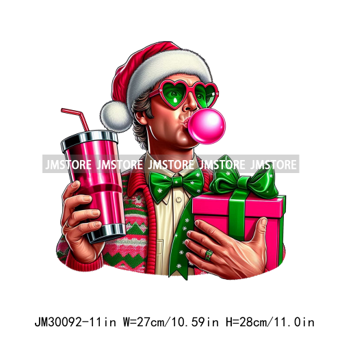 Pink Pop Christmas Character With Sunglasses Blowing Bubble Coffee Gift Iron On DTF Transfer Stickers Ready To Press For Hoodies