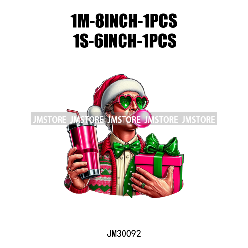 Pink Pop Christmas Character With Sunglasses Blowing Bubble Coffee Gift Iron On DTF Transfer Stickers Ready To Press For Hoodies