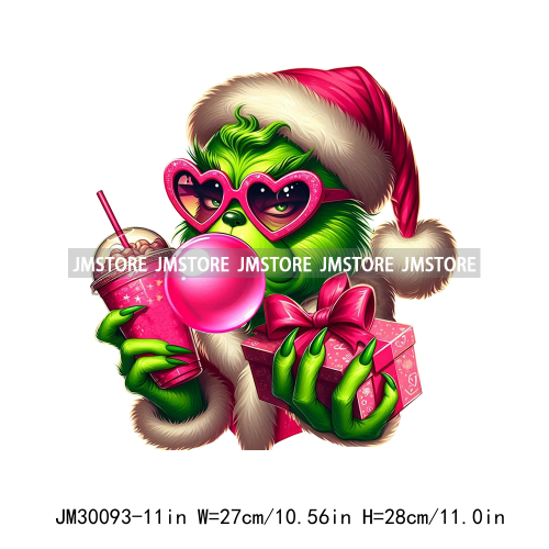 Pink Pop Christmas Character With Sunglasses Blowing Bubble Coffee Gift Iron On DTF Transfer Stickers Ready To Press For Hoodies