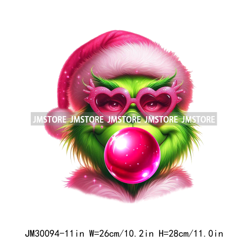 Pink Pop Christmas Character With Sunglasses Blowing Bubble Coffee Gift Iron On DTF Transfer Stickers Ready To Press For Hoodies