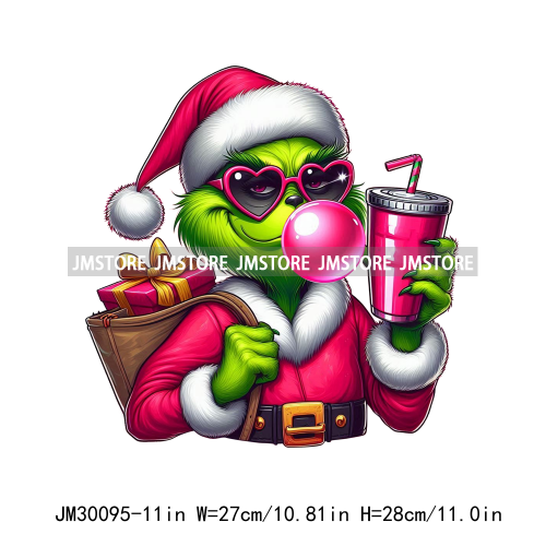 Pink Pop Christmas Character With Sunglasses Blowing Bubble Coffee Gift Iron On DTF Transfer Stickers Ready To Press For Hoodies