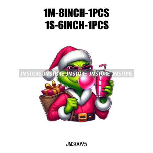 Pink Pop Christmas Character With Sunglasses Blowing Bubble Coffee Gift Iron On DTF Transfer Stickers Ready To Press For Hoodies