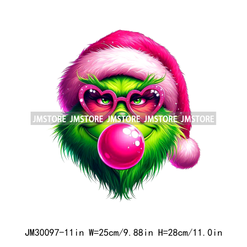 Pink Pop Christmas Character With Sunglasses Blowing Bubble Coffee Gift Iron On DTF Transfer Stickers Ready To Press For Hoodies