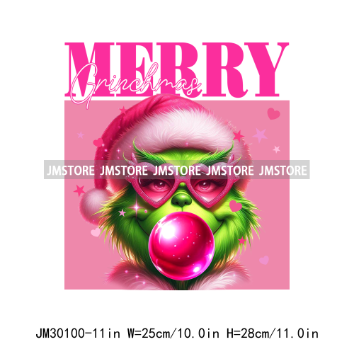 Pink Pop Christmas Character With Sunglasses Blowing Bubble Coffee Gift Iron On DTF Transfer Stickers Ready To Press For Hoodies