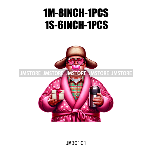 Pink Pop Christmas Character With Sunglasses Blowing Bubble Coffee Gift Iron On DTF Transfer Stickers Ready To Press For Hoodies