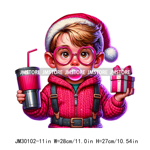 Pink Pop Christmas Character With Sunglasses Blowing Bubble Coffee Gift Iron On DTF Transfer Stickers Ready To Press For Hoodies