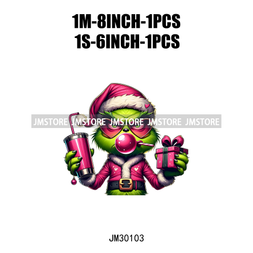 Pink Pop Christmas Character With Sunglasses Blowing Bubble Coffee Gift Iron On DTF Transfer Stickers Ready To Press For Hoodies