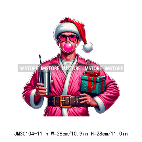 Pink Pop Christmas Character With Sunglasses Blowing Bubble Coffee Gift Iron On DTF Transfer Stickers Ready To Press For Hoodies