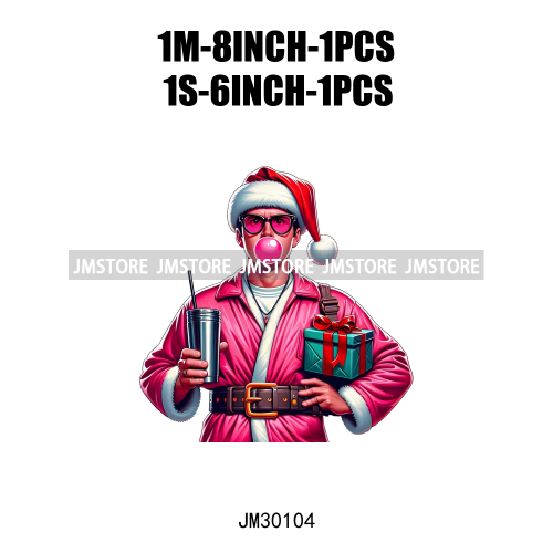 Pink Pop Christmas Character With Sunglasses Blowing Bubble Coffee Gift Iron On DTF Transfer Stickers Ready To Press For Hoodies