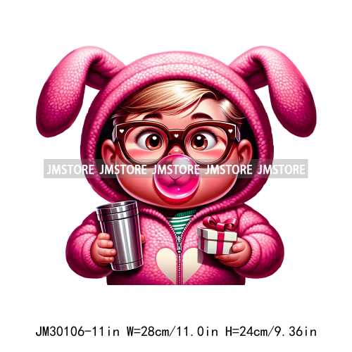 Pink Pop Christmas Character With Sunglasses Blowing Bubble Coffee Gift Iron On DTF Transfer Stickers Ready To Press For Hoodies