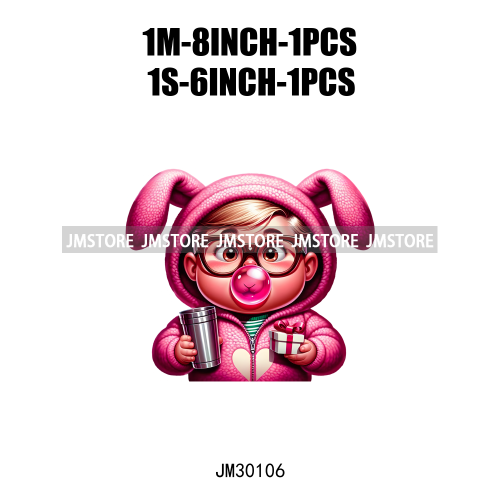 Pink Pop Christmas Character With Sunglasses Blowing Bubble Coffee Gift Iron On DTF Transfer Stickers Ready To Press For Hoodies